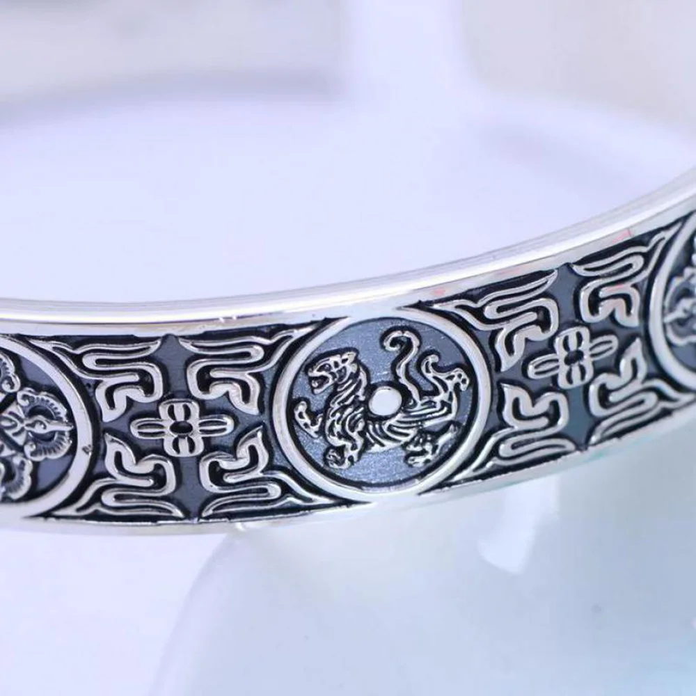 990 Pure Silver Vintage Wide Silver Bracelets Cuff 4 Creatures Dragon Tiger Bird Turtle Chinese Men Jewelry