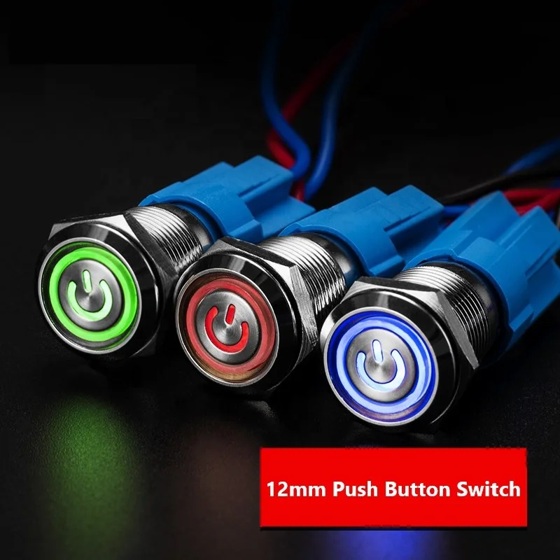 12mm Metal Push Button Switch Symbol Power Led Light RBGYW Self locking Switch Button Waterproof Power Button with Connector