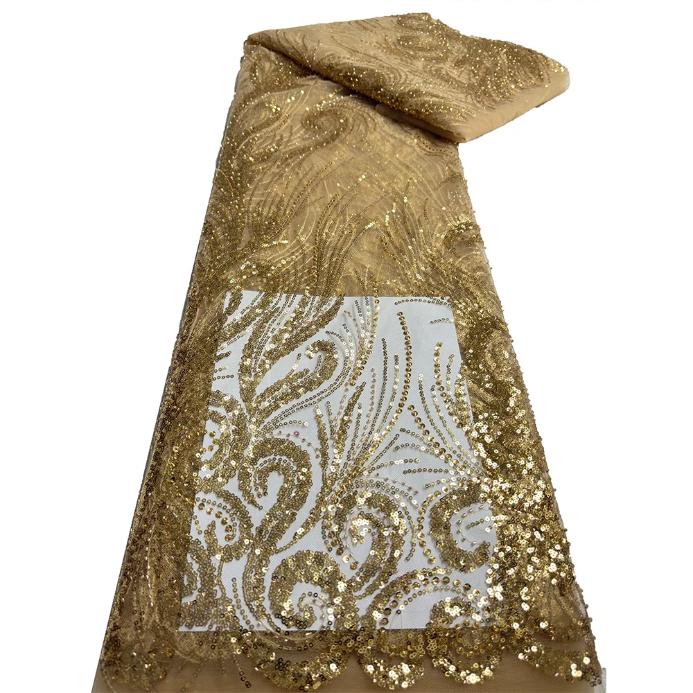 NI.AI New Design Beaded Net Lace Bridal Flower Mesh Embroidered Sequins Lace Fabric with Pearls for Wedding Dress Materials