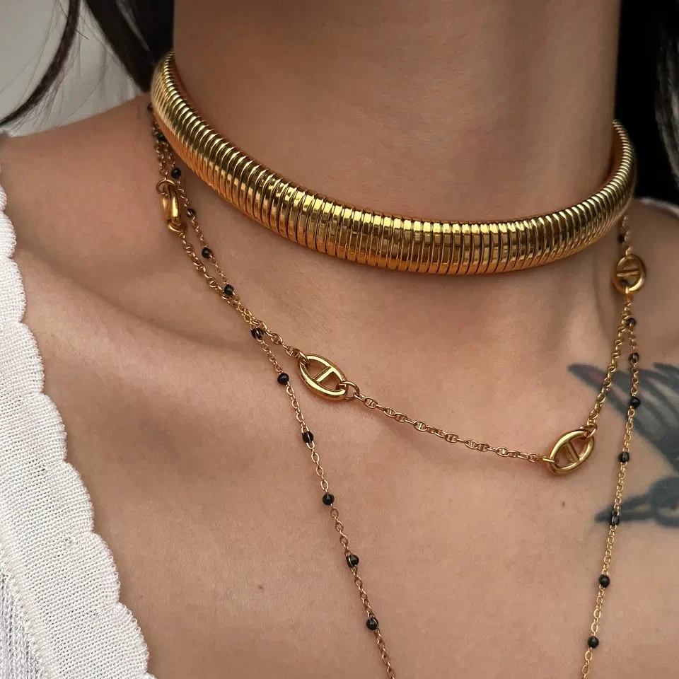 2023 New 18k Gold Plated Tarnish Free Stainless Steel Vintage Gypsy High Quality Silver Stretch Choker Necklace For Women