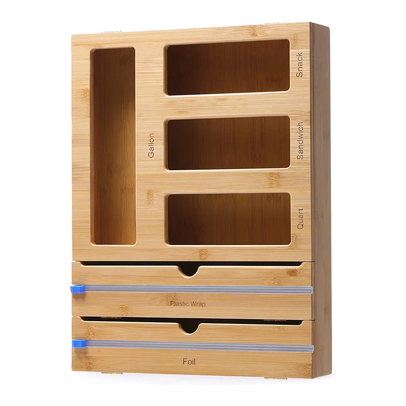 6 in 1 Bamboo Ziplock Bag Storage Organizers and Foil Plastic Wrap Organizer Wrap Dispenser with Cutter for Drawer