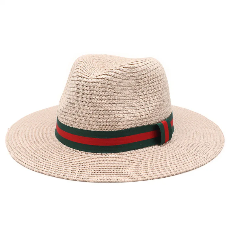 Custom Women Men Summer Sun Shade Hat Green Red Striped Ribbon Decorative Paper Straw Fedora Hat