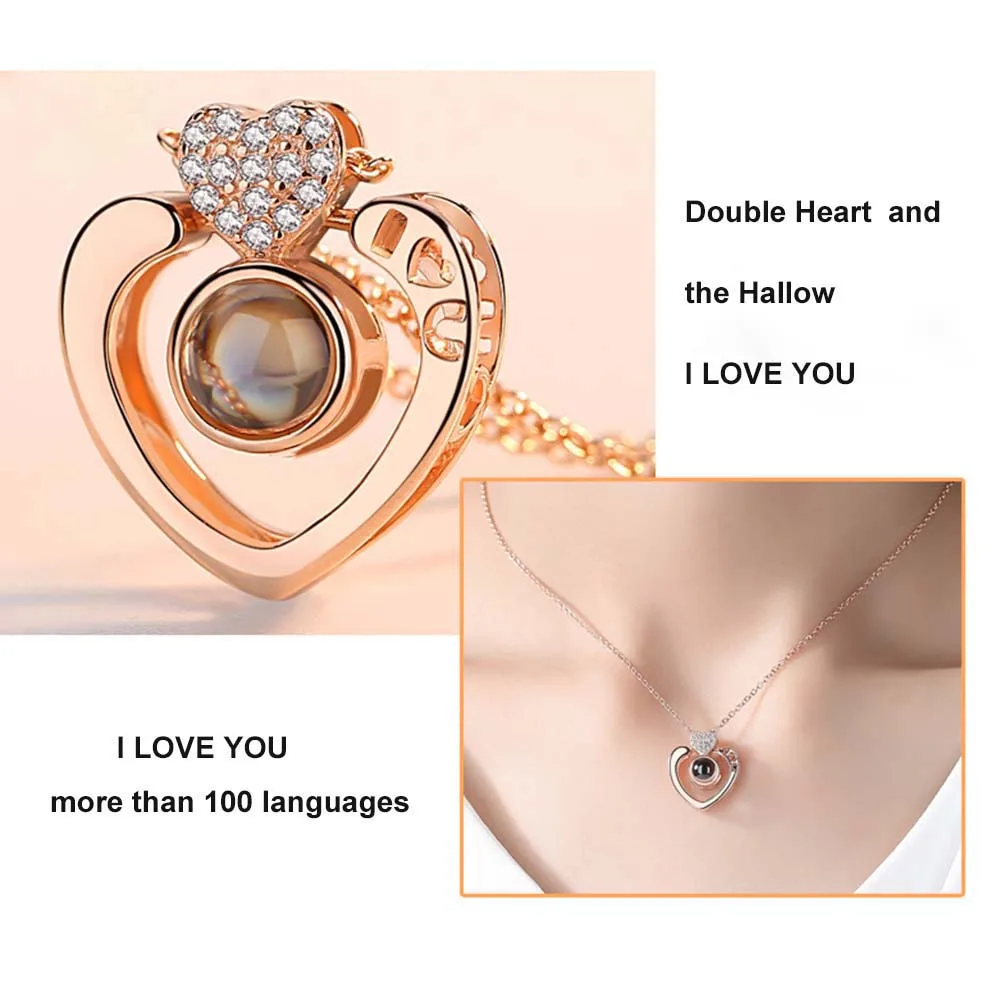 Best Jewelry Fashion  925 Sterling Silver Two Menth Way Wear Nano Engraved 100 Languages I LOVE YOU Double Heart Necklace