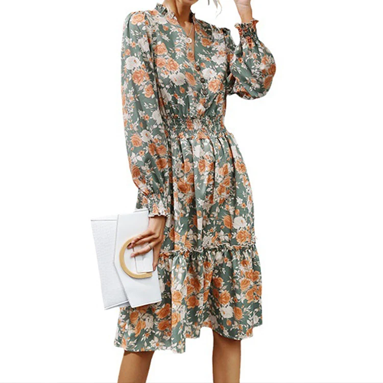 Elegant Retro Long Sleeve Ruffle Edge Print Fashionable High Eco-Friendly Mini Clothes Parties Knee-Length Formal Dress