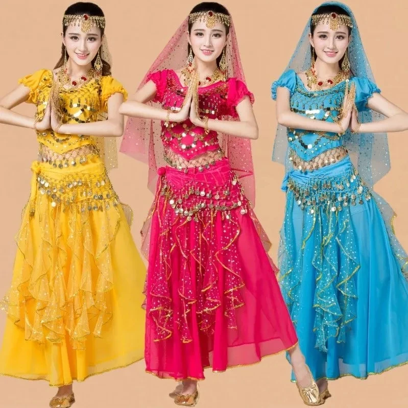 Xinjiang Indian dance costumes short-sleeved  New belly dance ethnic style colorful dot skirt suit for women