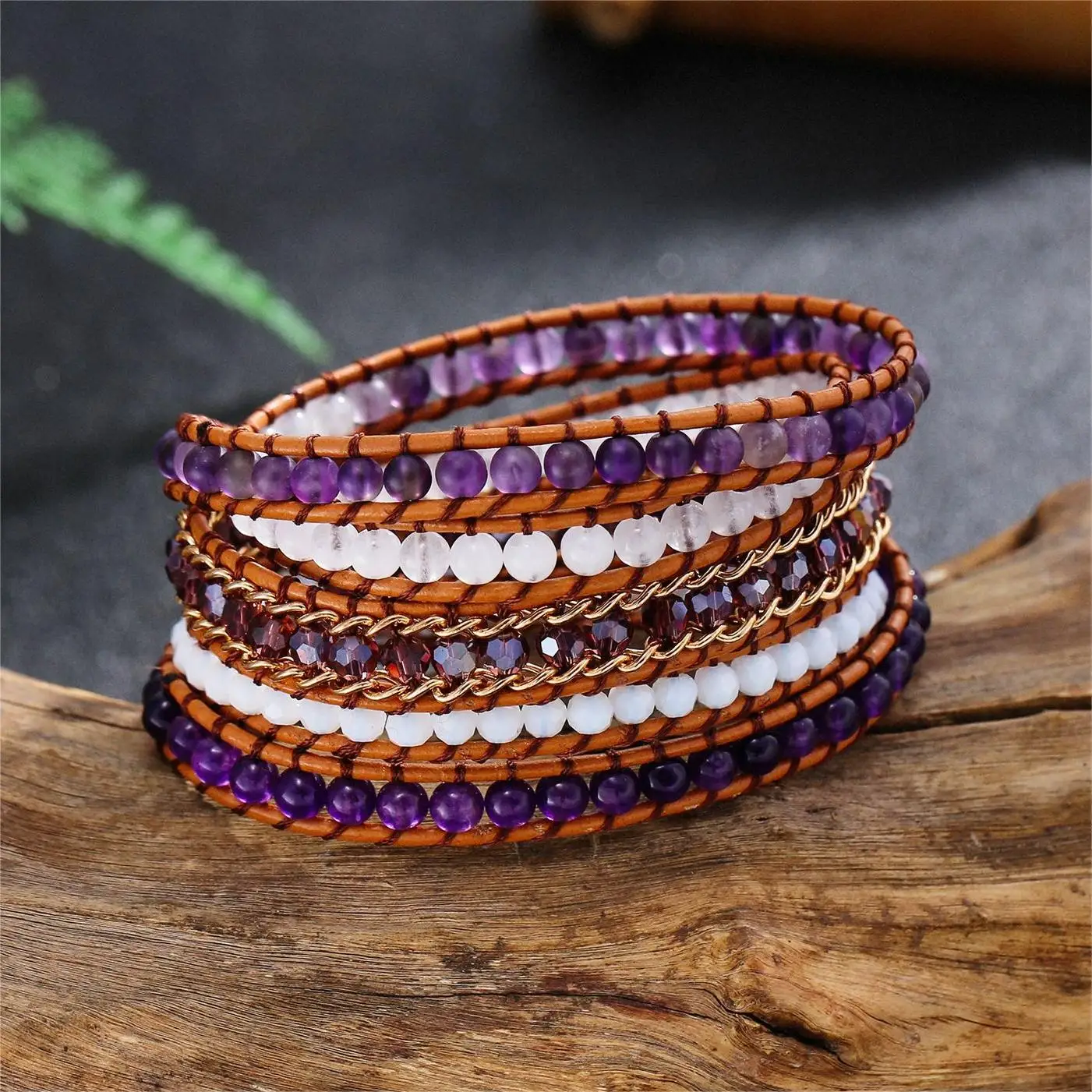 Exquisite Natural Stones Onyx Shell Beads 5 Layered Leather Wrap Bracelets Femme Boho Penta Cyclic Leather Wrap Bracelet