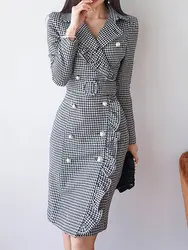 Европейские и американские темпераментные Деловые женские деловые платья миди с поясом для женщин