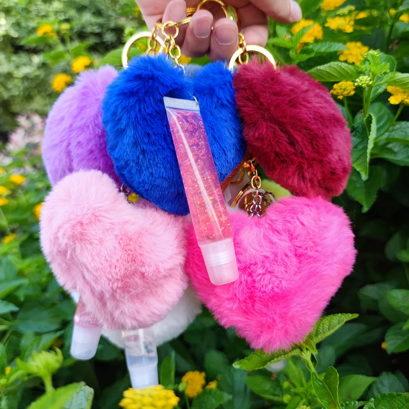 Lipgloss Base Oil Gloss Custom Kids Glitter Heart-shape Pompon Keychain Squeeze Tube Lip Glaze Make Your Own Label Lip Gloss