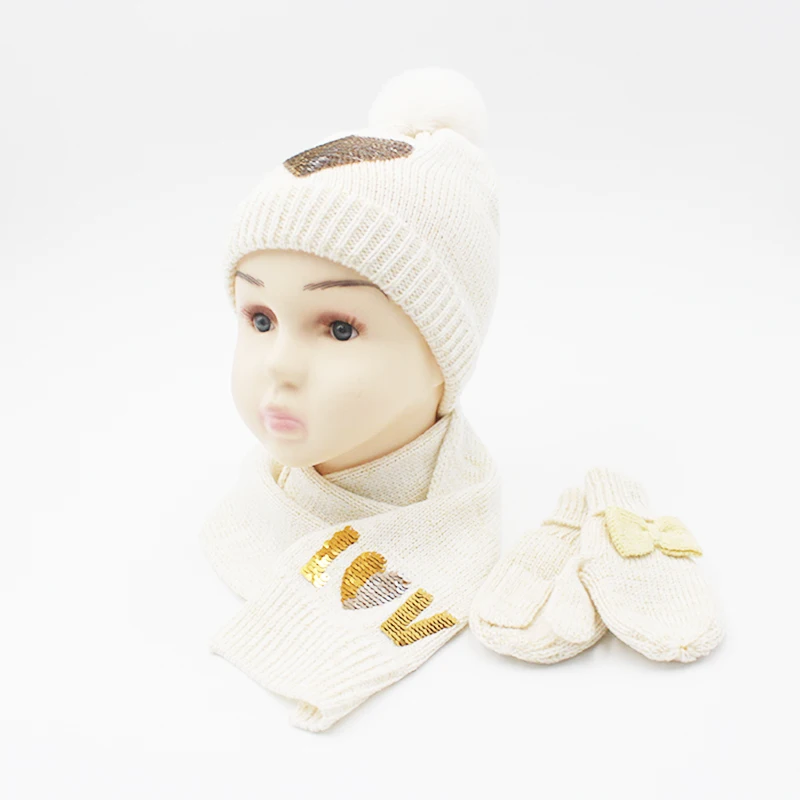 Мягкая теплая вязаная детская шапка бежевый шарф комплект перчаток и теплый тепловой комбинированный шапки шарфа зимний для девочки