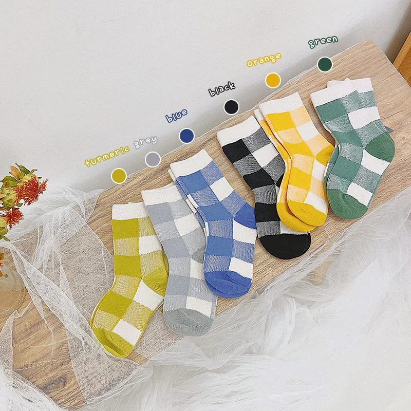 Autumn Korean Novelty Fancy Colored Plaid Grid Children Socks Breathable Cotton Fashion Grid Students Kids Socks