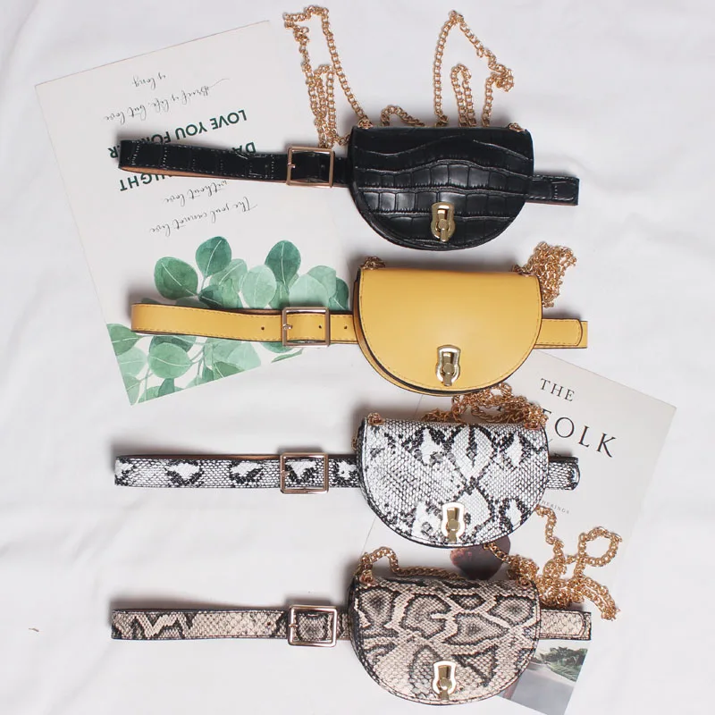 Ins Fashion Semicircle Snake PU Key Lipstick Bag, Women Chain Coin Bags with Thin Leather Belt