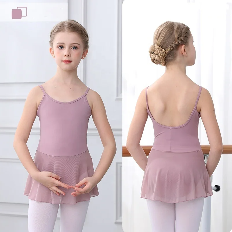 Girls Ballet Clothes Leotard With Straps and Mesh Skirt Cotton Swimsuit With Mesh Skirt