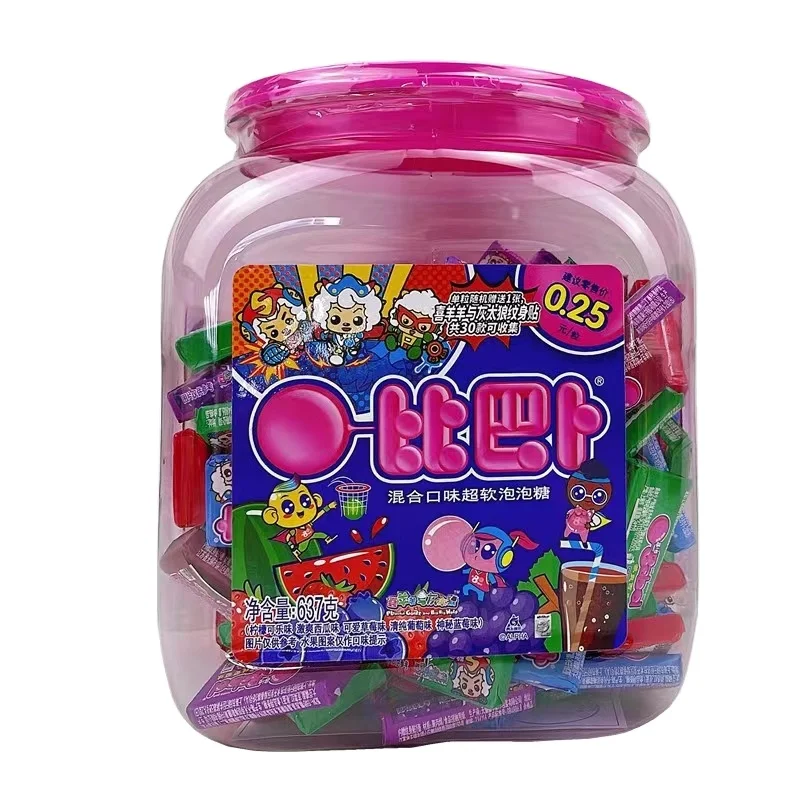 Wholesale Chinese snacks Bibab fruit bubble gum healthy exotic chewing gum fudge sour and sweet soft candy gummy 637g