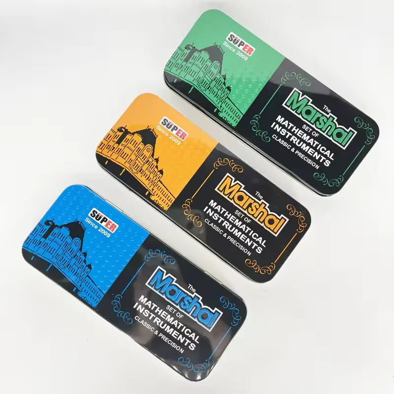 Bulk Cheap Super Quality Marshal Math Set in Tin Box 9pcs Geometry Drawing Tools Kit of Rulers and Compass for School Students