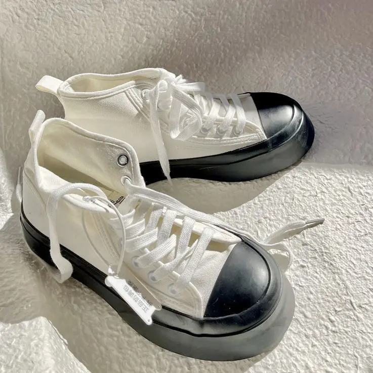 High top canvas shoes for women with thick soles and high heels, Korean version versatile casual sponge cake board shoes trend