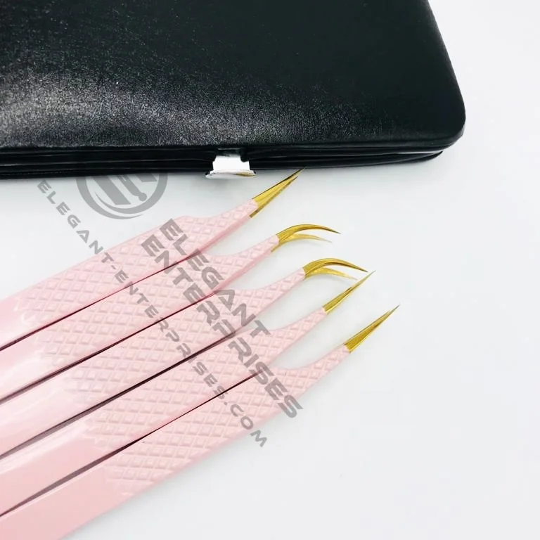 Светло-Розовый Пинцет для наращивания ресниц с золотыми наконечниками и алмазным захватом из нержавеющей стали