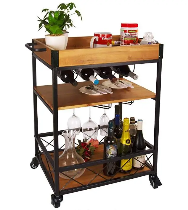 
Combohome 3 Tier Rolling Wooden Utility Storage Cart Kitchen Serving Bar Cart With Bottle Holder 