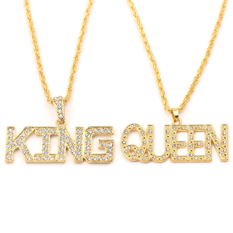 Trendy King Queen Alphabet Cuban Chain for Couple Gold Plating Iced Out Cubic Zircon Pendant Necklace Hip Hop Jewelry