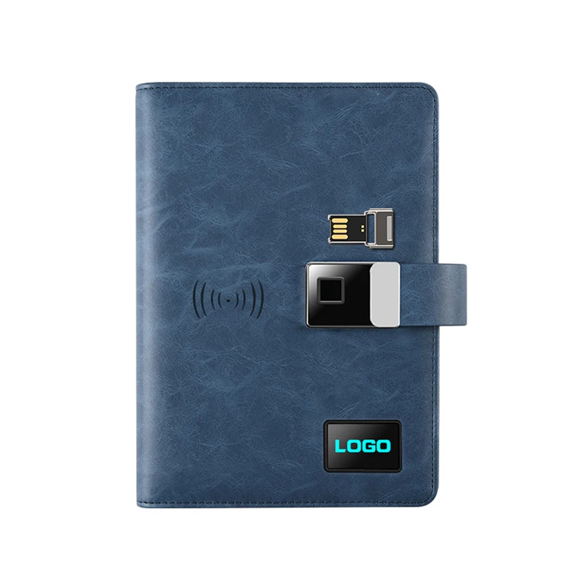 Customized PU Leather Notebook Power Bank Set LED Logo Business 100 Sheets USB Flash Drive Printed Diary Agenda Advertising