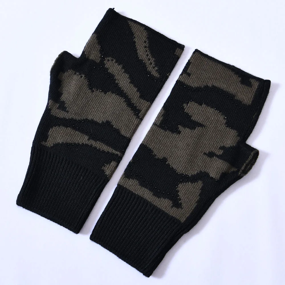 Wholesale Plain Camo Color Half Finger Gloves Rhinestone Stretch Winter Thick Warm Shiny Women Fingerless Custom Wool Gloves (1600698283192)