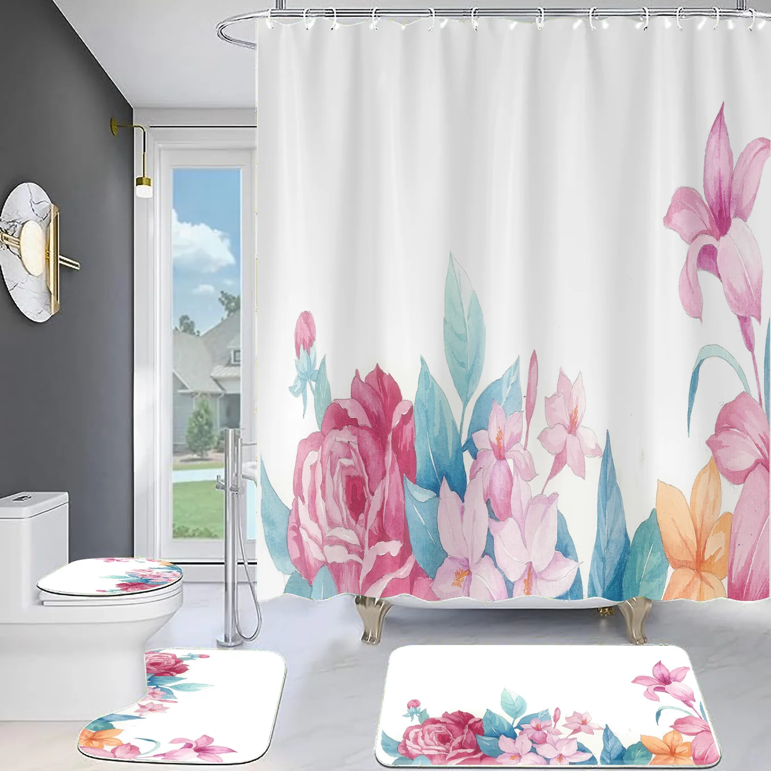 Glamorous Bathroom Set 4 pcs with Floral  Fabric bathroom Shower Curtain and Rugs and Accessories