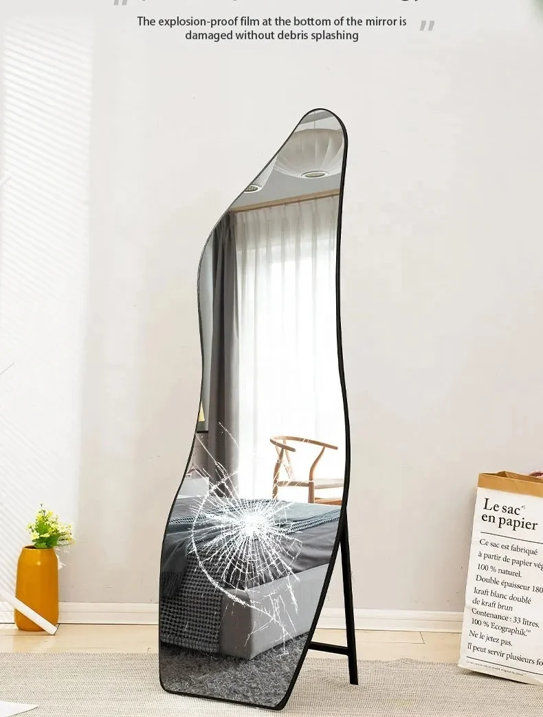 Wholesale Modern Decor Framed Wall Mirror Large Full Length Asymmetrical Irregular Wood 4mm Glass Mirros Custom Shape Wave Glass