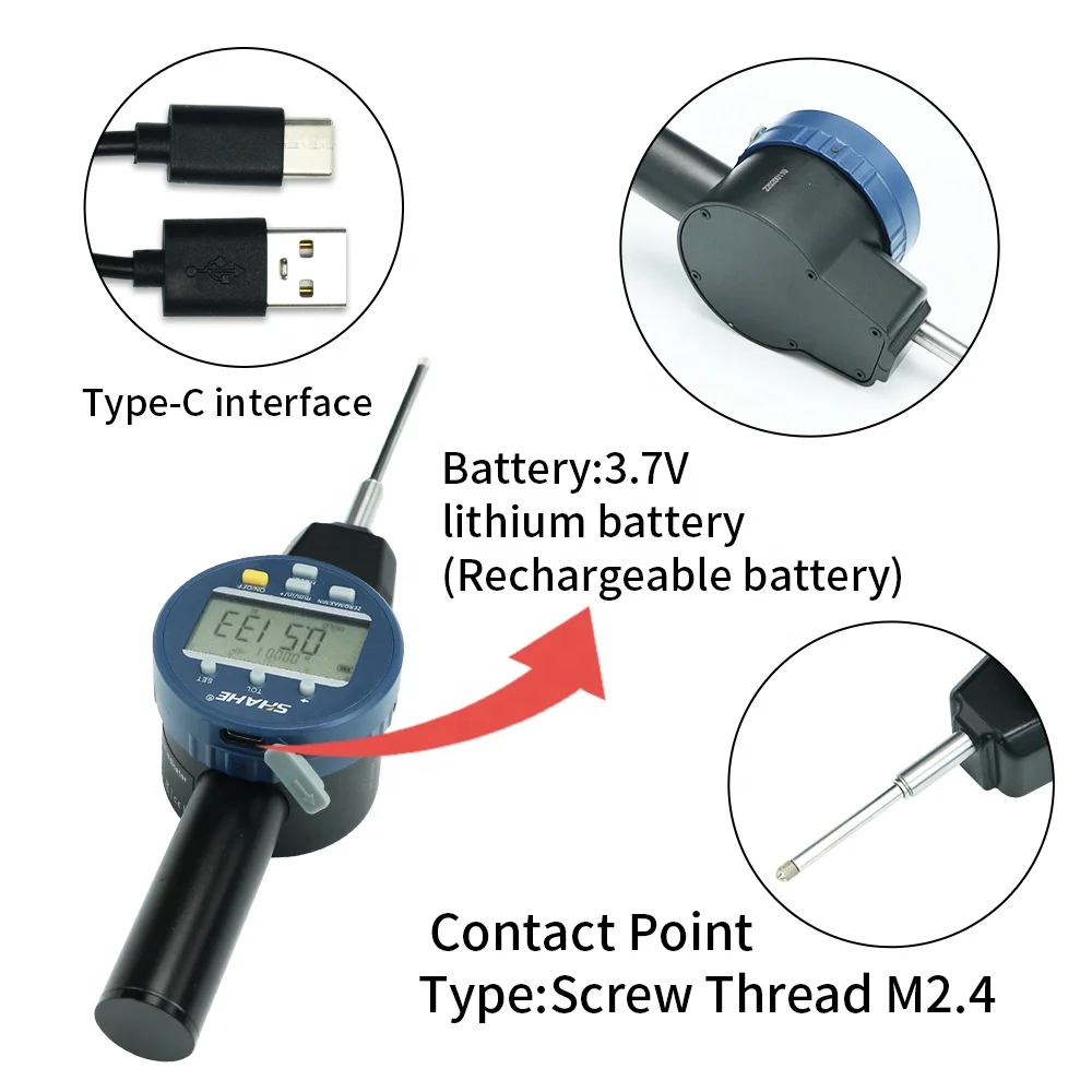 SHAHE NEW Metric/Inch 0-50.8 mm 0.001mm Electronic Indicator with Rechargeable Battery Waterproof Digital Dial Indicator
