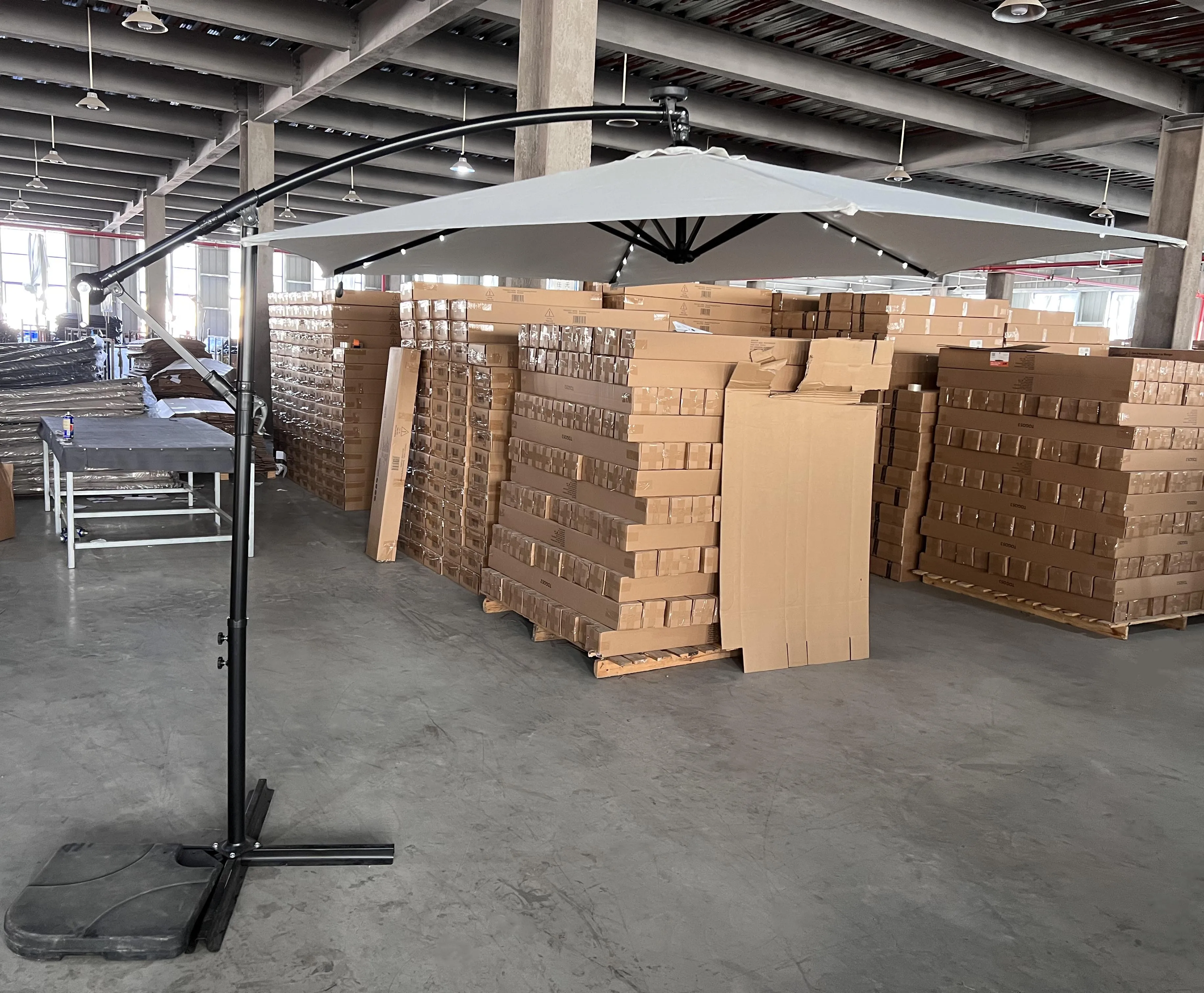 Uplion Cantilever Solar Patio Umbrella with Outdoor LED Lights, Crank, and Cross Base, Fancy Parasols