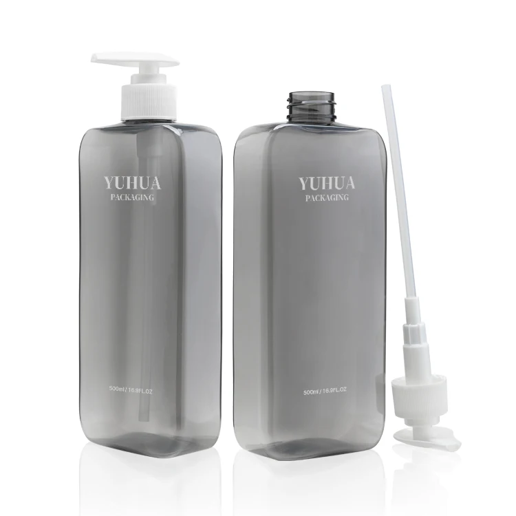 Custom 500ml Logo Flat Square PET Plastic Cosmetic Packaging Gray Shampoo Bottles with Press Pump for Conditioner Lotion
