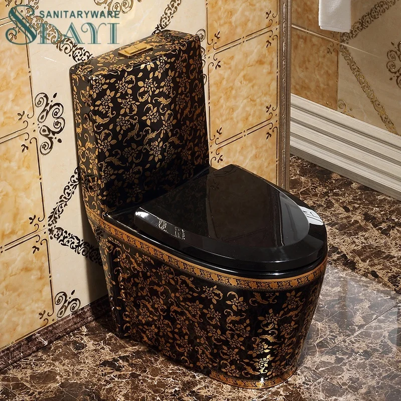 SDAYI Luxury Royal Flower Design Toilet Ceramic Black Gold Grace Bathroom WC One Piece Electroplate Bowl Floor Toilet