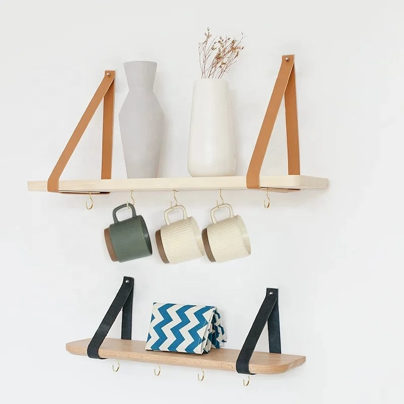 living room Wall Mounted Wooden Wall Hanging Wood Shelf floating Book Shelf with Leather Stra