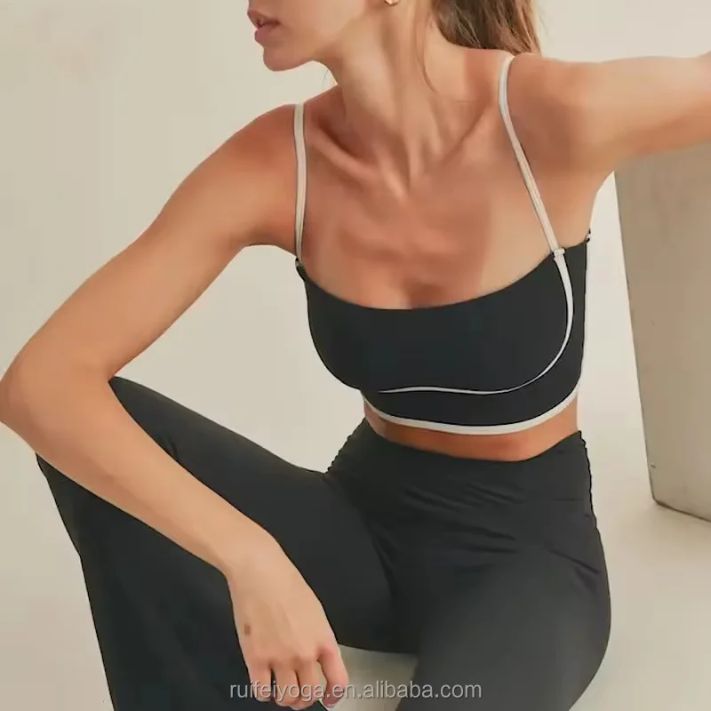 Oem Polyester Spandex Splicing Strip Slim Fitting Curved Women Training Workout Gym Yoga Crop Tank Top Sports Bra