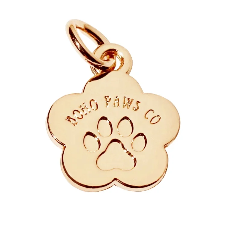 Custom flower design gold color engraving pet name id tags waterproof metal charms for dog collar