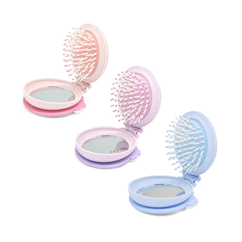Compact 2-in-1 Mirror Comb Scalp Massage Detangling Comb Cute Design Foldable Hair Brush Plastic Portable Pocket Travel Home Use