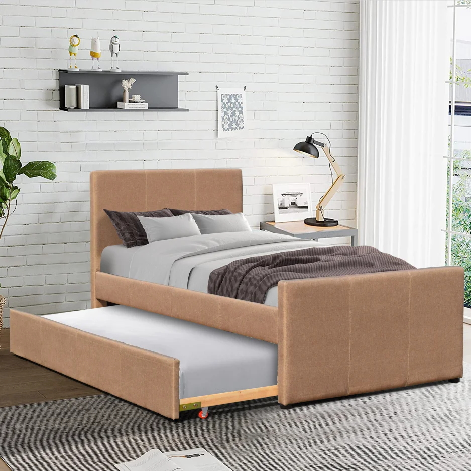 Wholesale Modern Good Quality Pink Fabric Upholstered Twin Platform Bed with Trundle