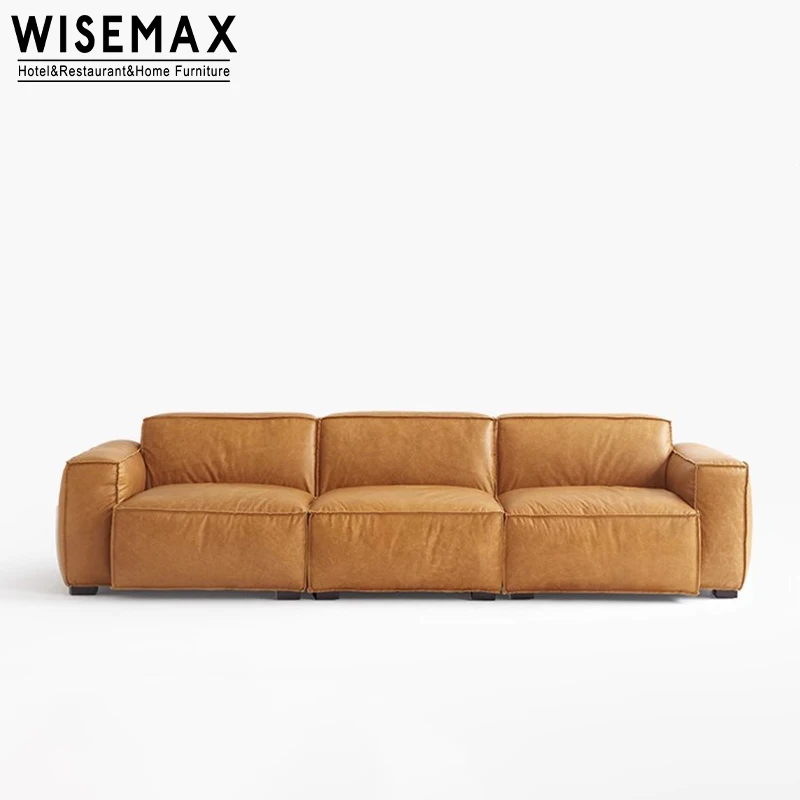 WISEMAX FURNITURE Italian Minimalist sofa sets pine wood down filled genuine leather living room modular couch 4 seats for villa