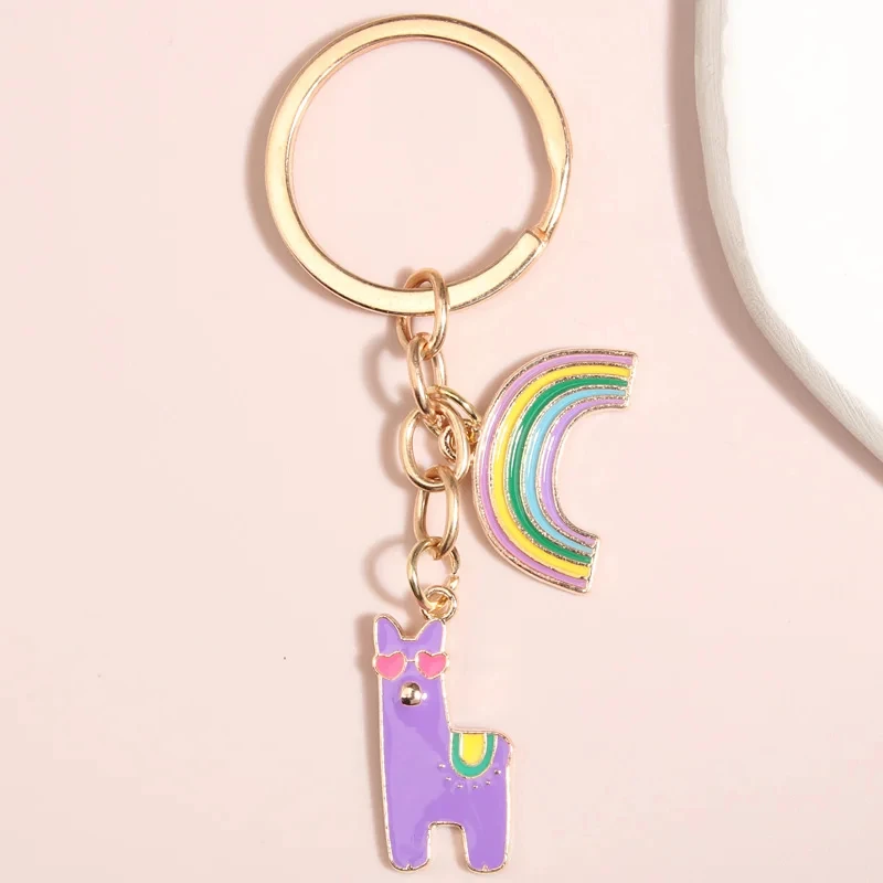 Colorful Flower Heart Alpaca Enamel Key Ring Customized Alloy Enamel Charms Keychain Kids Animal Keyring