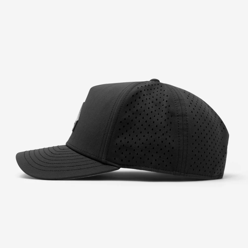For Men Custom PVC Patch 5 Panel Black Laser Cut Perforated Hole Quick Dry Baseball Structured Dad caps performance golf hat