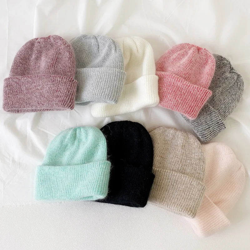 Вязаная шапка из кроличьего меха для женщин, однотонная Удобная теплая зимняя шапка, новая модная Шапка-бини для улицы, 2021