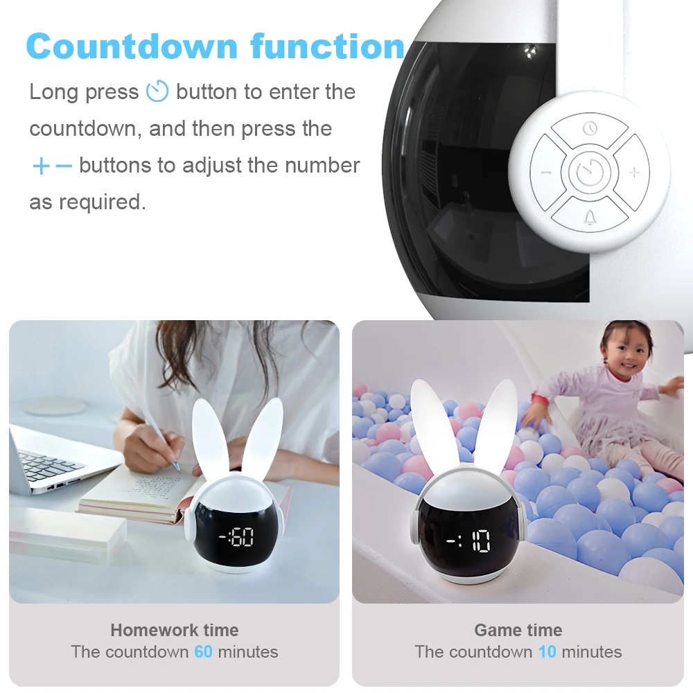 Small Rabbit Kids Alarm Clock With Dimmable Ambient Lighting Sleep Training Clock For Toddlers Teens Bedrooms