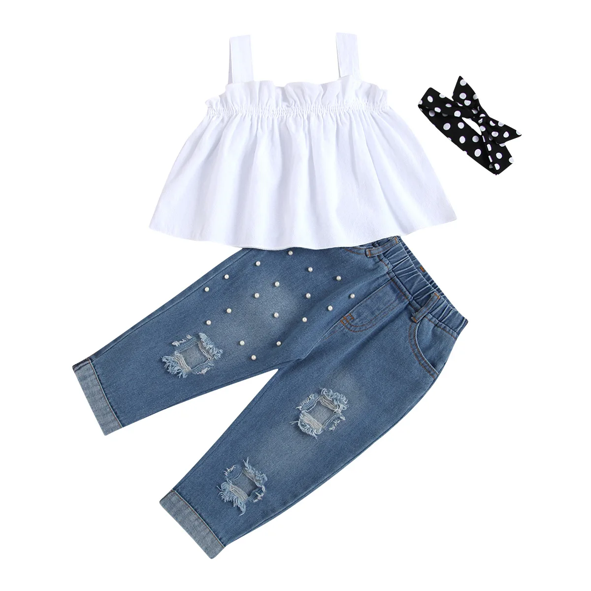 2024 Fashion Baby Girl Jeans Pants 3pcs Set White Kids Children Girl Suit  Babies Summer Baby Clothing Sets For Girls