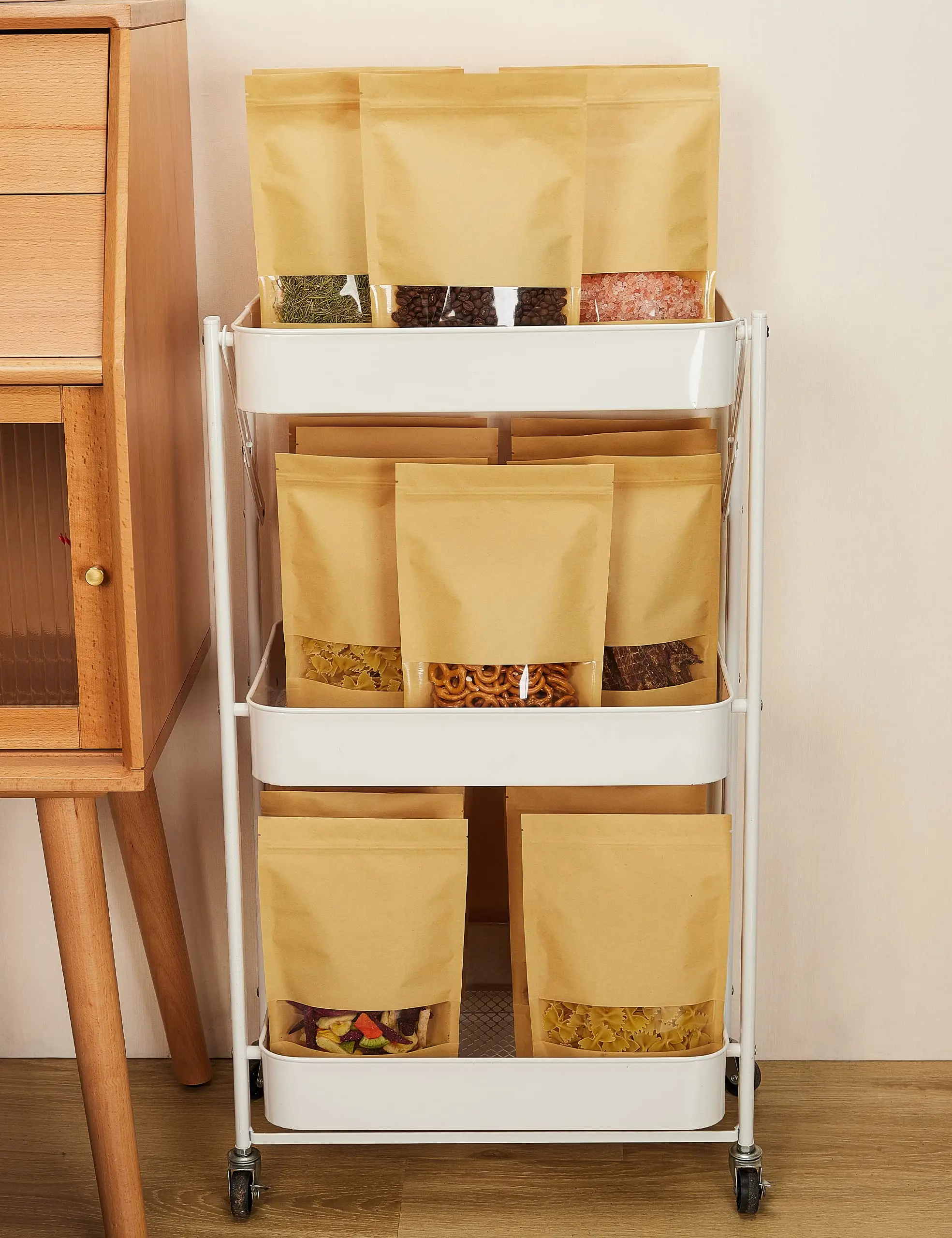 Stand Up Kraft Paper Bag With Clear Window And Zipper For Food Flour Nut Rice Tea Spices Customizable Manufacturer