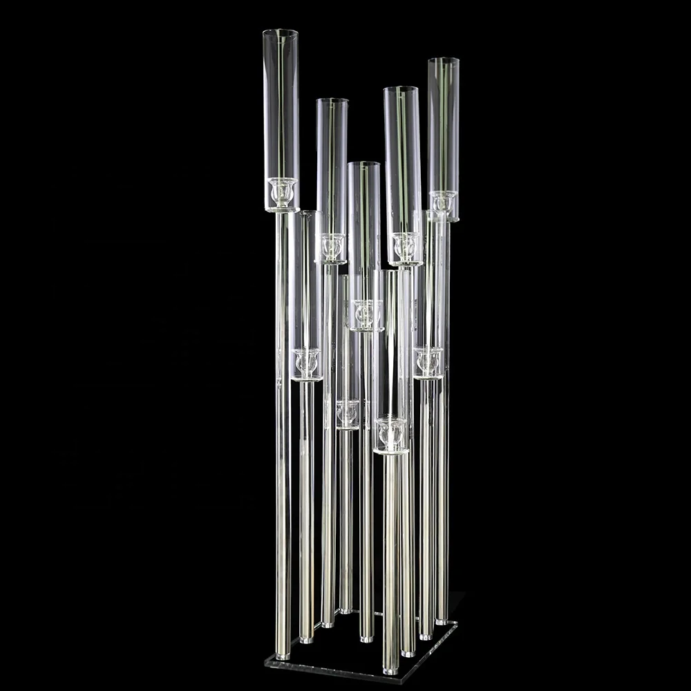 Mh-zt0123  9 Pillar Glass Candlestick Crystal Candelabra Wedding Decoration Centerpieces With Glass Tube