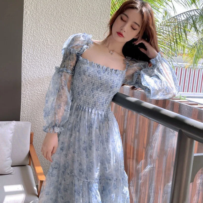Boho Beach Floral Summer Dress Elegant Lace Puff Sleeve Midi Dress Women Square Collar Female Party One Piece Dress Korean