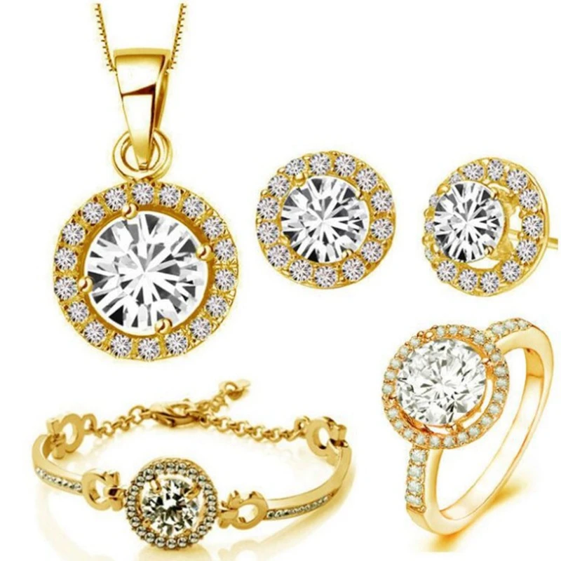 
European and American Jewelry Set Hearts and Arrows Zircon Earrings Necklaces Bracelets Ring Four-piece Set 