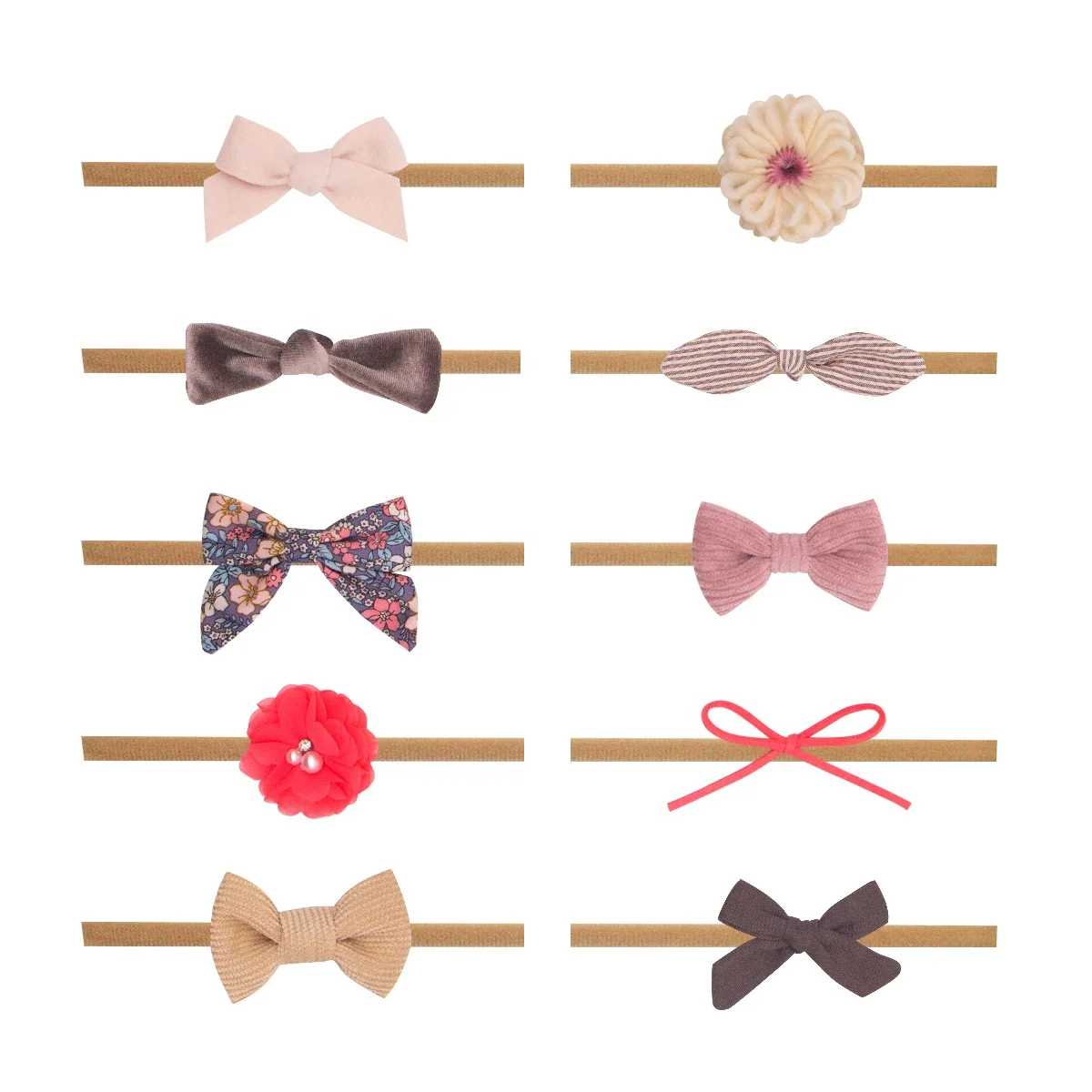 Baby Girl Headbands and Bows, Newborn Infant Toddler Nylon Hairbands Mixed Set of 10