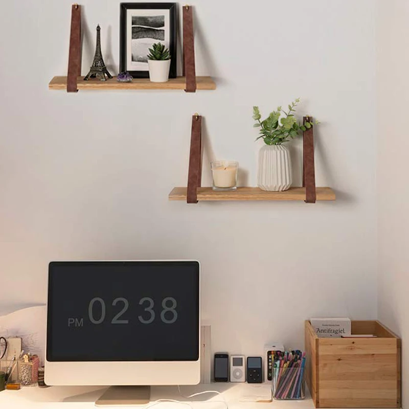 Leather Strap Swing Organizer Wall Wood Floating Storage Shelves