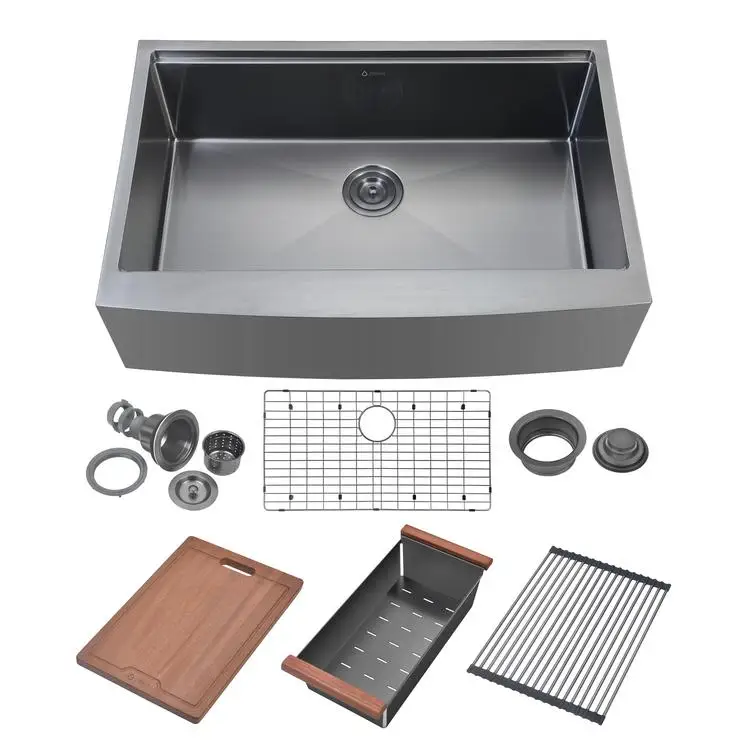 Factory direct 33 inch nano black 6040 dual level hand made workstation kitchen sinks with cutting board