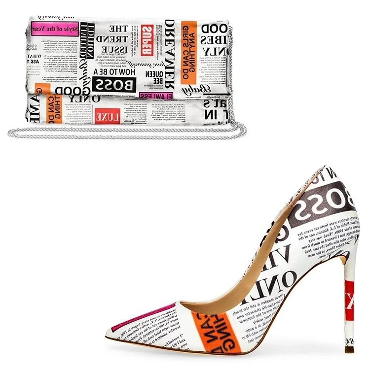 CUSTOM Shoes and bags set Ladies newspaper pumps Fashion women catwalk street style formal dress banquet pumps