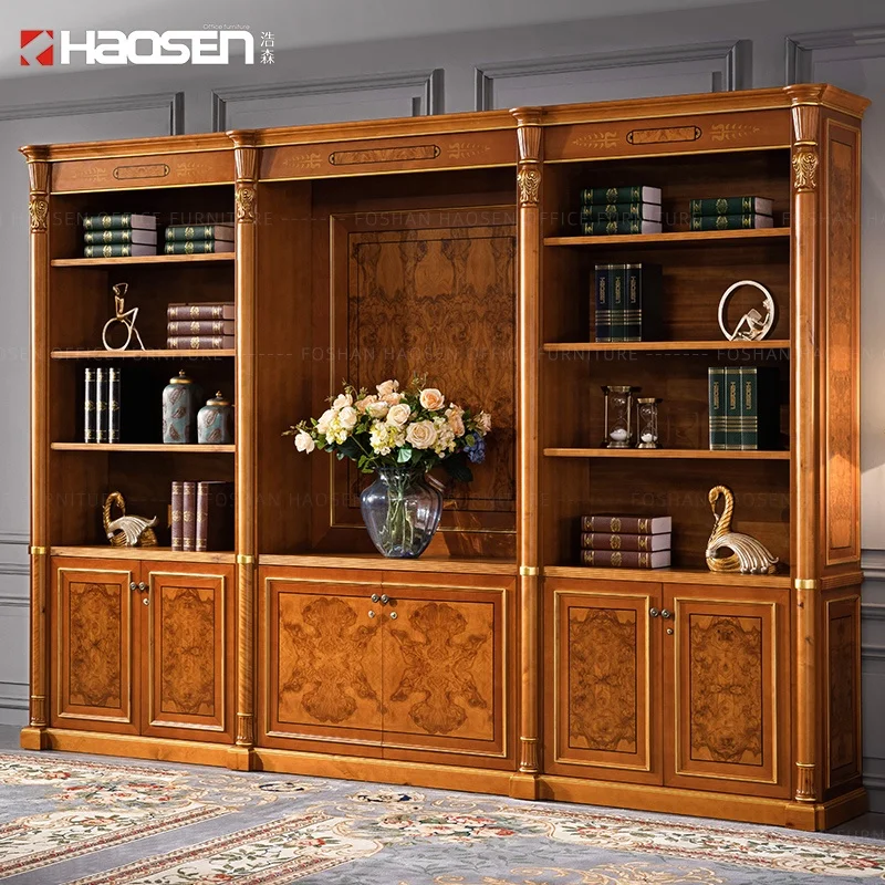 HAOSEN 0829A Luxury classic wooden carving boss office background Bookstore high cabinet